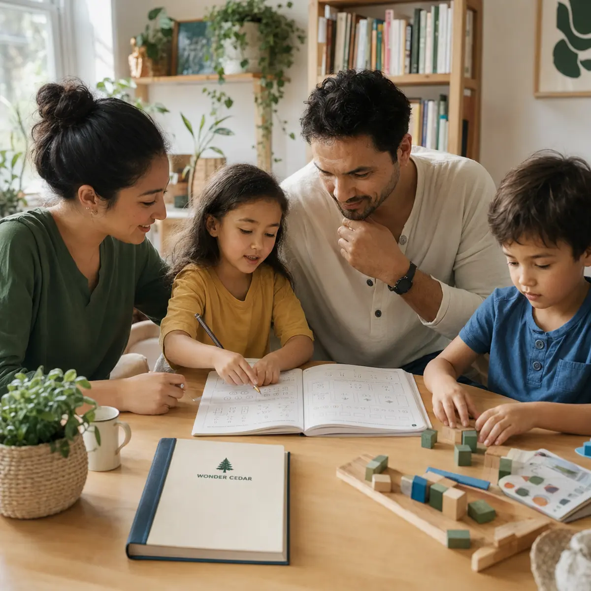 A family calmly practising mathematics together at home