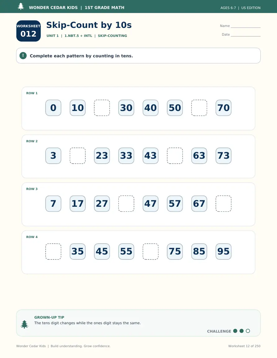 Sample worksheet from 1st Grade Math Mastery