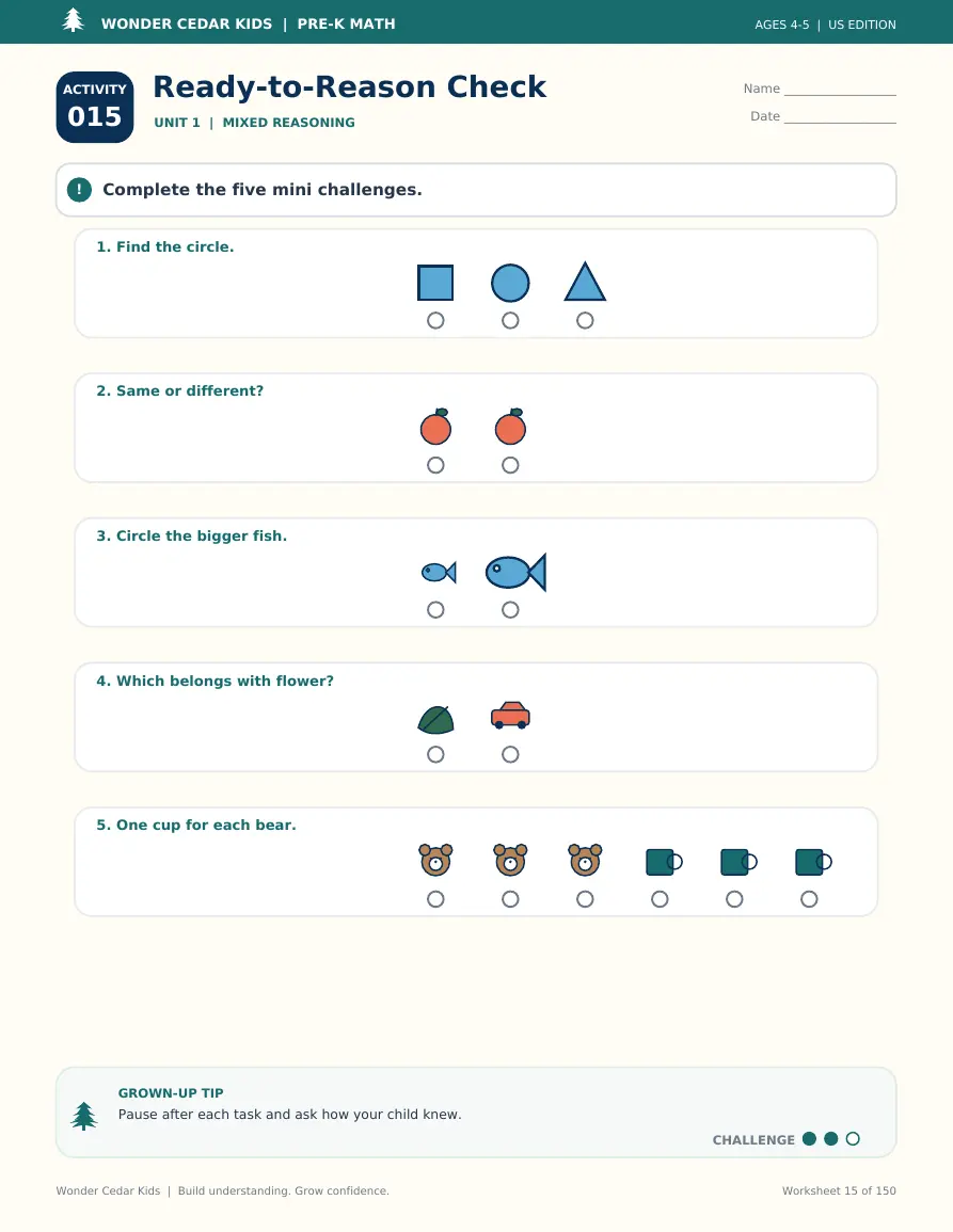 Sample worksheet from Pre-K Math Adventure